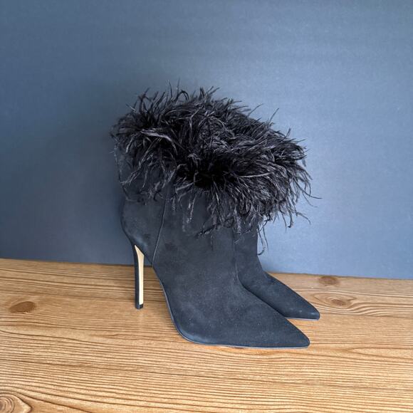 Michael Kors Black Suede Feather Trim Whitby Heeled Pointed Toe Booties Women 10 - Picture 3 of 11